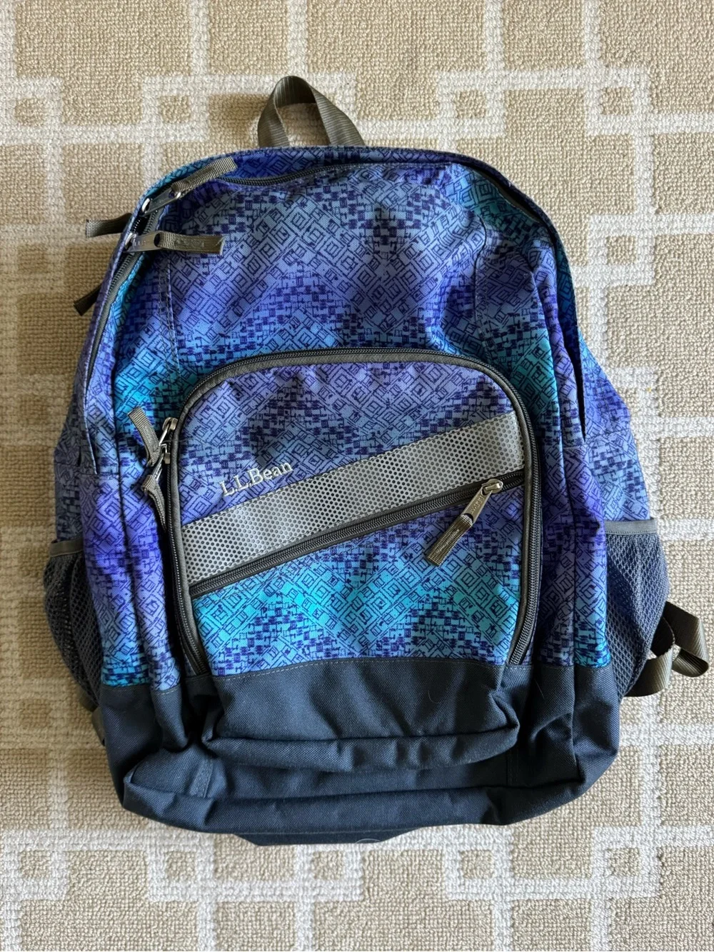 L.L.Bean Geometric Print School Backpack Blue Purple Book Bag Travel O/S